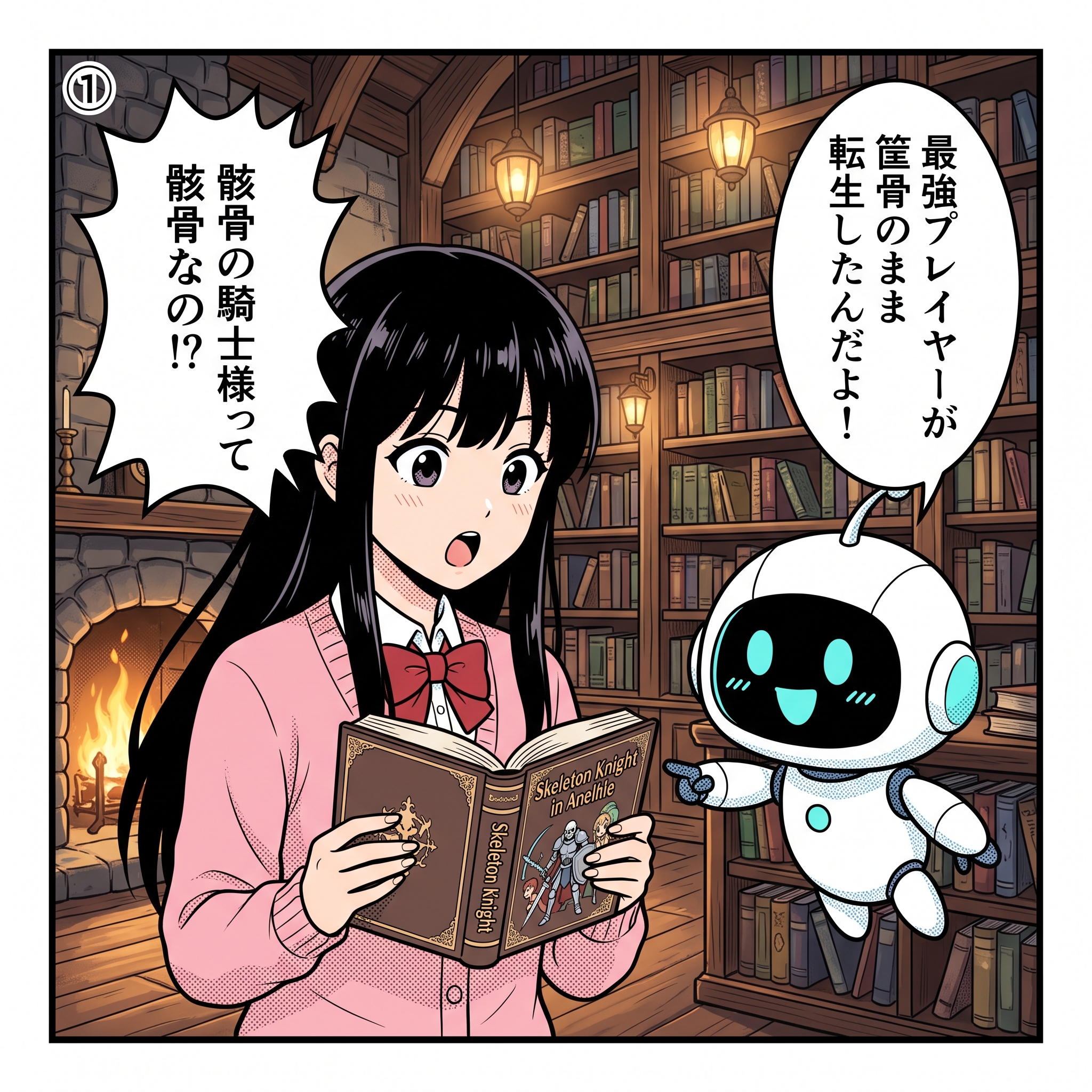 骸骨騎士様4コマ① ヒナ「骸骨の騎士様って骸骨なの!?」AIくん「最強プレイヤーが骸骨のまま転生したんだよ!」