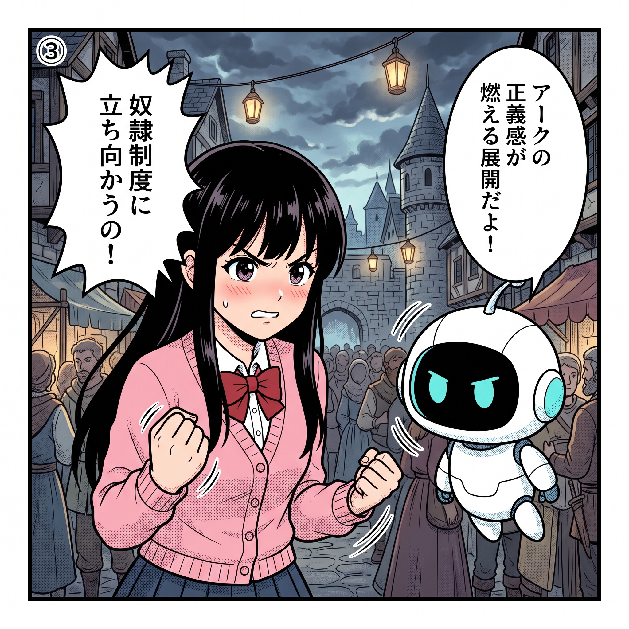骸骨騎士様4コマ③ ヒナ「奴隷制度に立ち向かうの!」AIくん「アークの正義感が燃える展開だよ!」