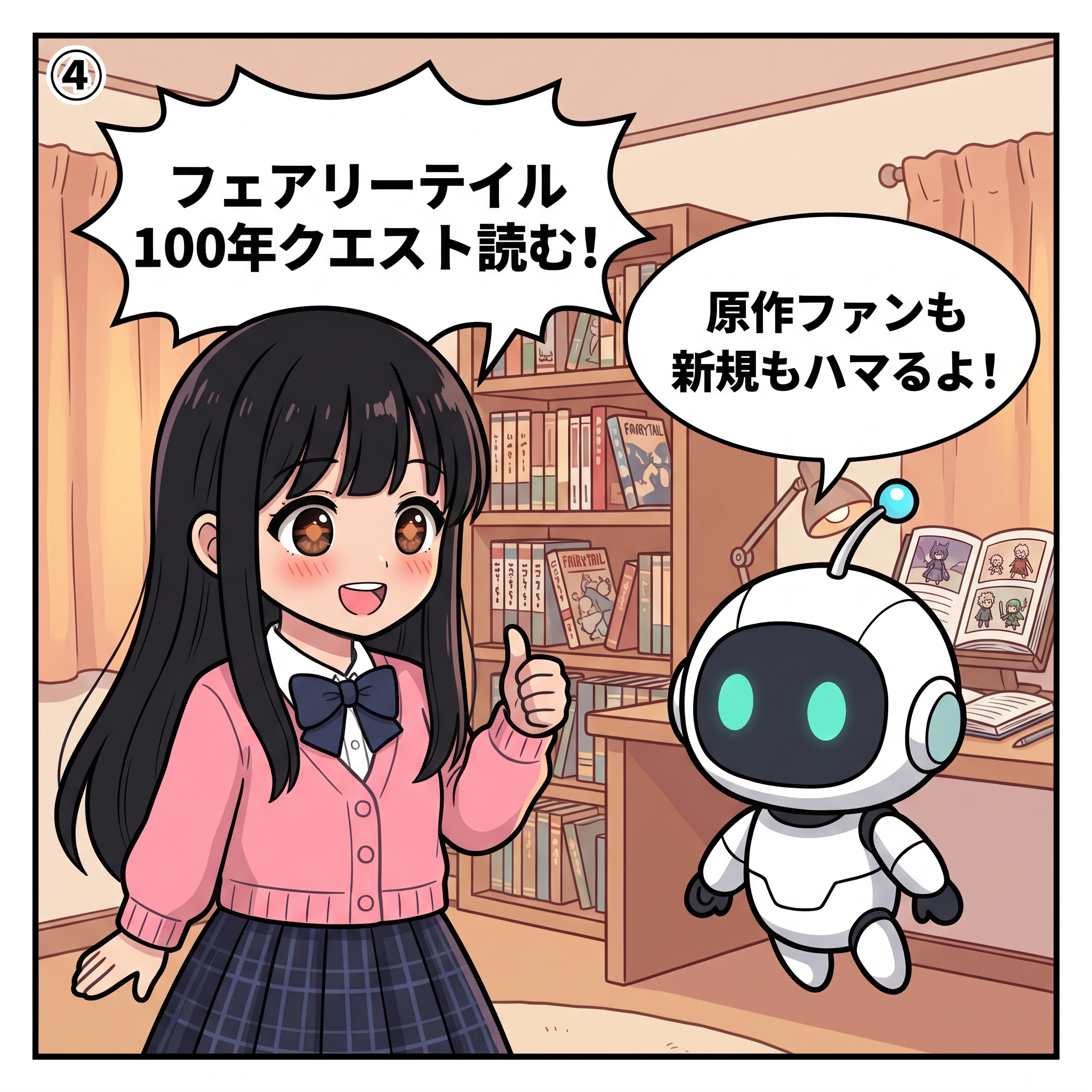 フェアリーテイル100年クエスト4コマ④ ヒナ「フェアリーテイル100年クエスト読む!」AIくん「原作ファンも新規もハマるよ!」