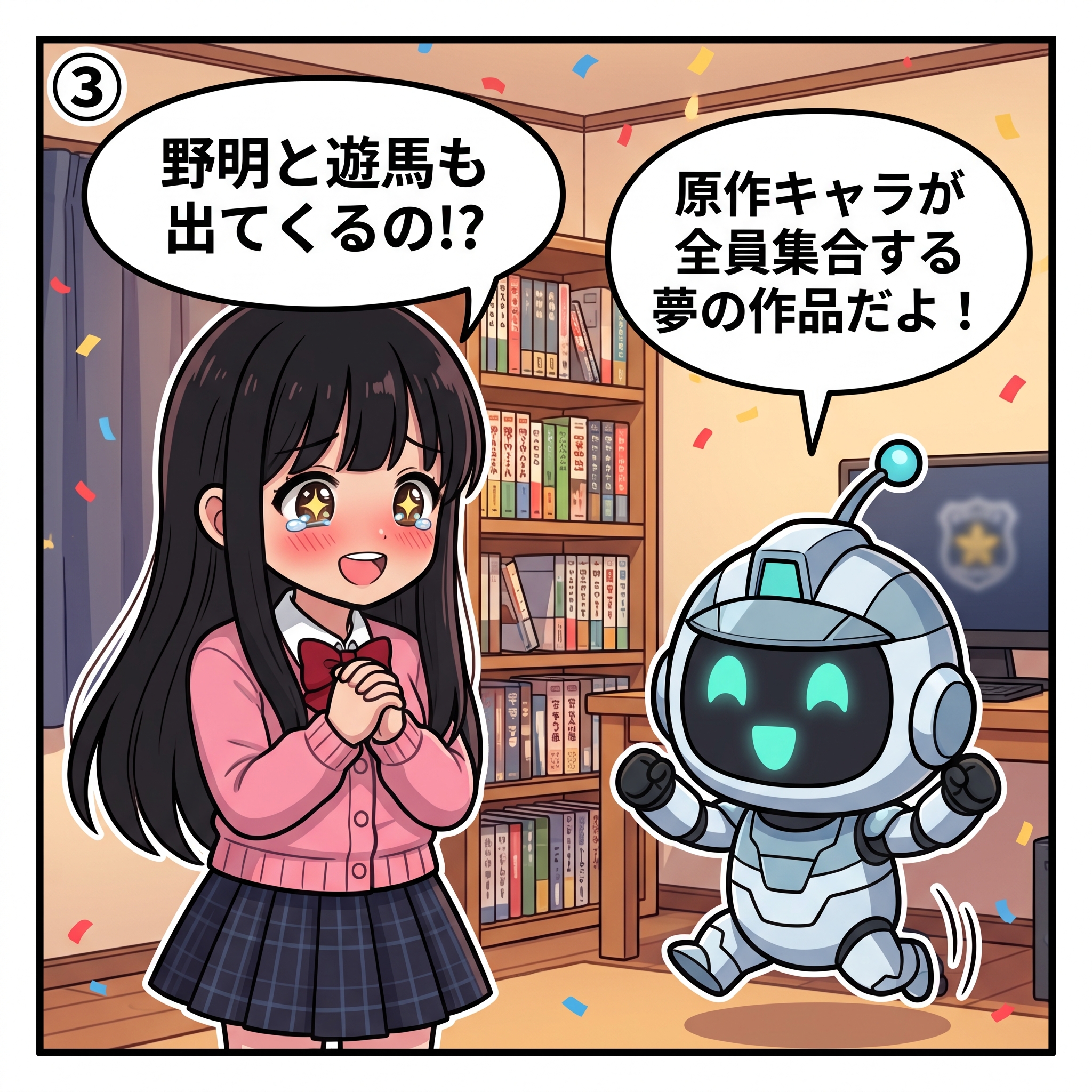 4コマ漫画パネル③　ヒナとAIくん　野明と遊馬が登場する夢の作品