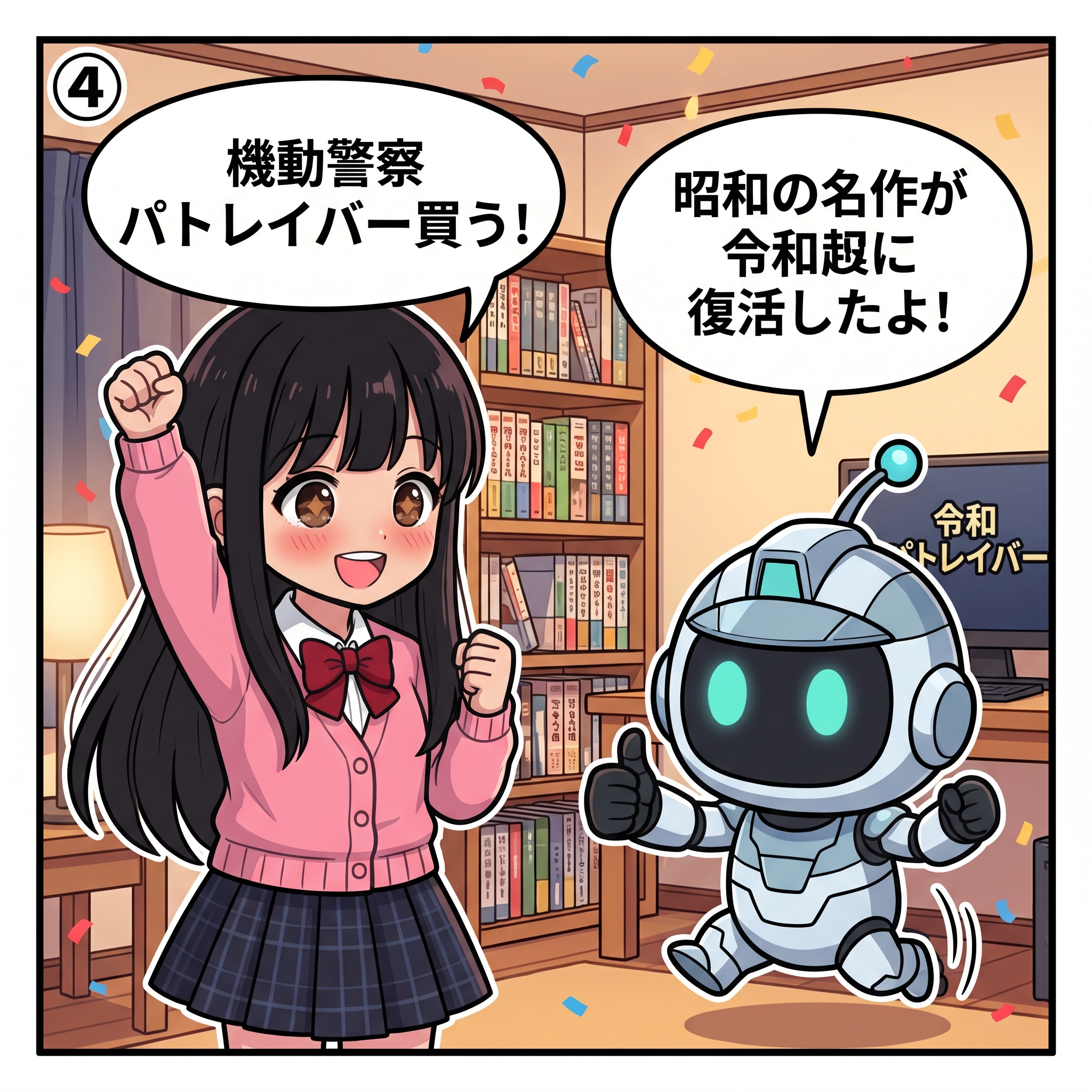 4コマ漫画パネル④　ヒナとAIくん　機動警察パトレイバー購入宣言