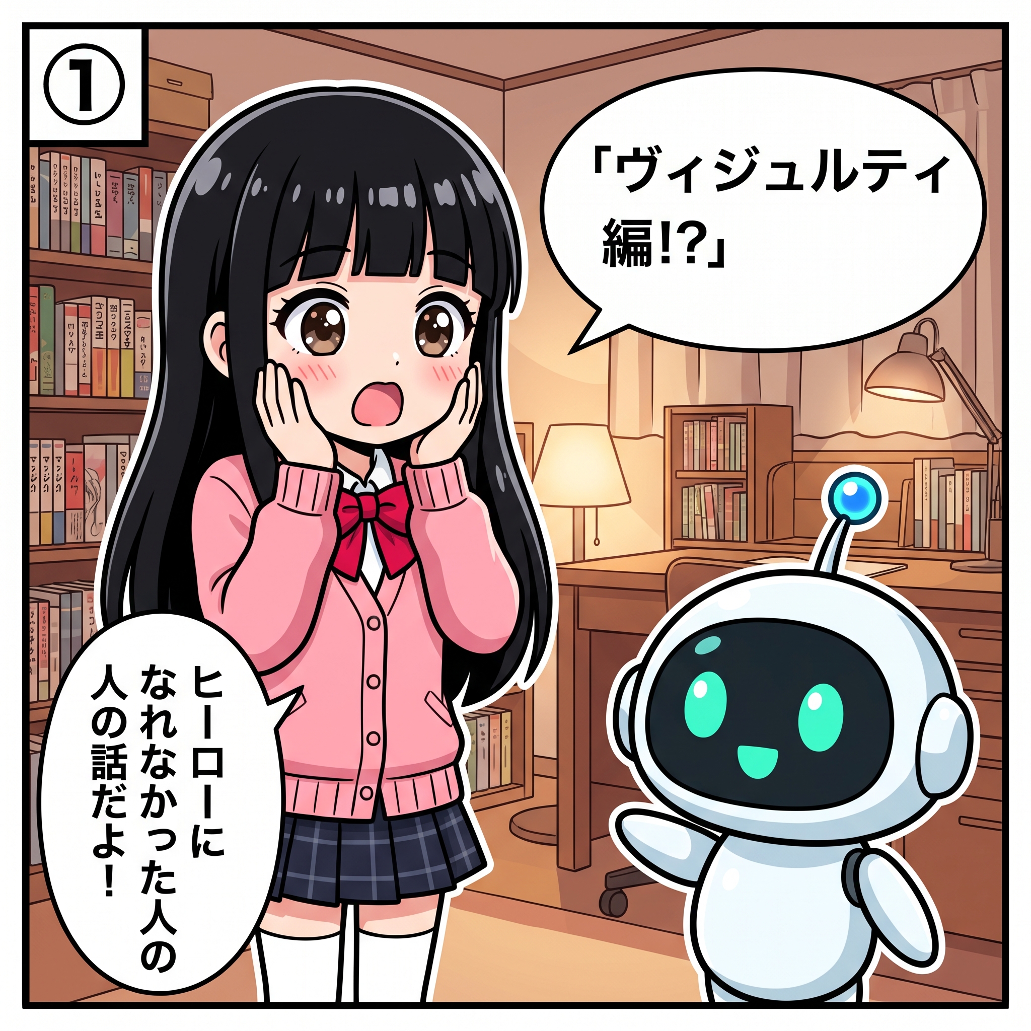 4コマ漫画パネル① ヒナ「ヴィジュアルティ編!?」AIくん「ヒーローになれなかった人の話だよ!」