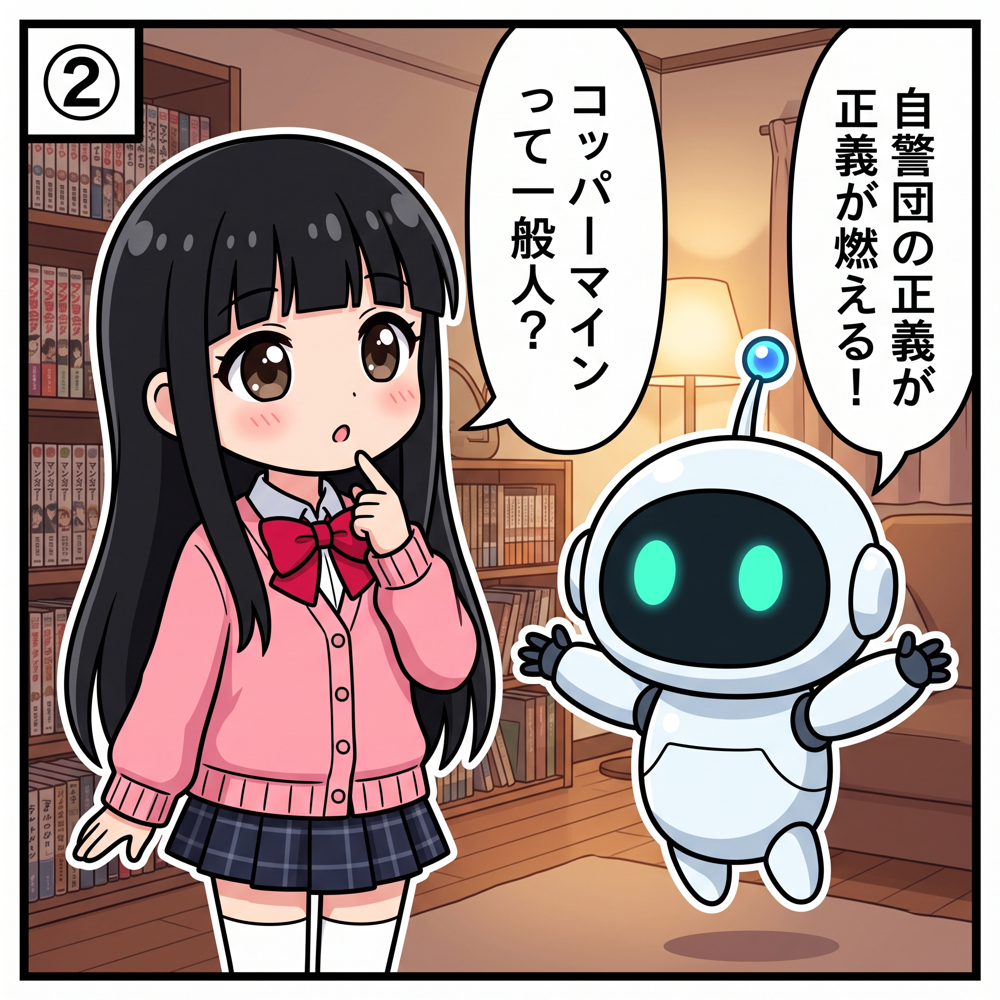 4コマ漫画パネル② ヒナ「コッパーマインって一般人?」AIくん「自警団の正義が燃える!」