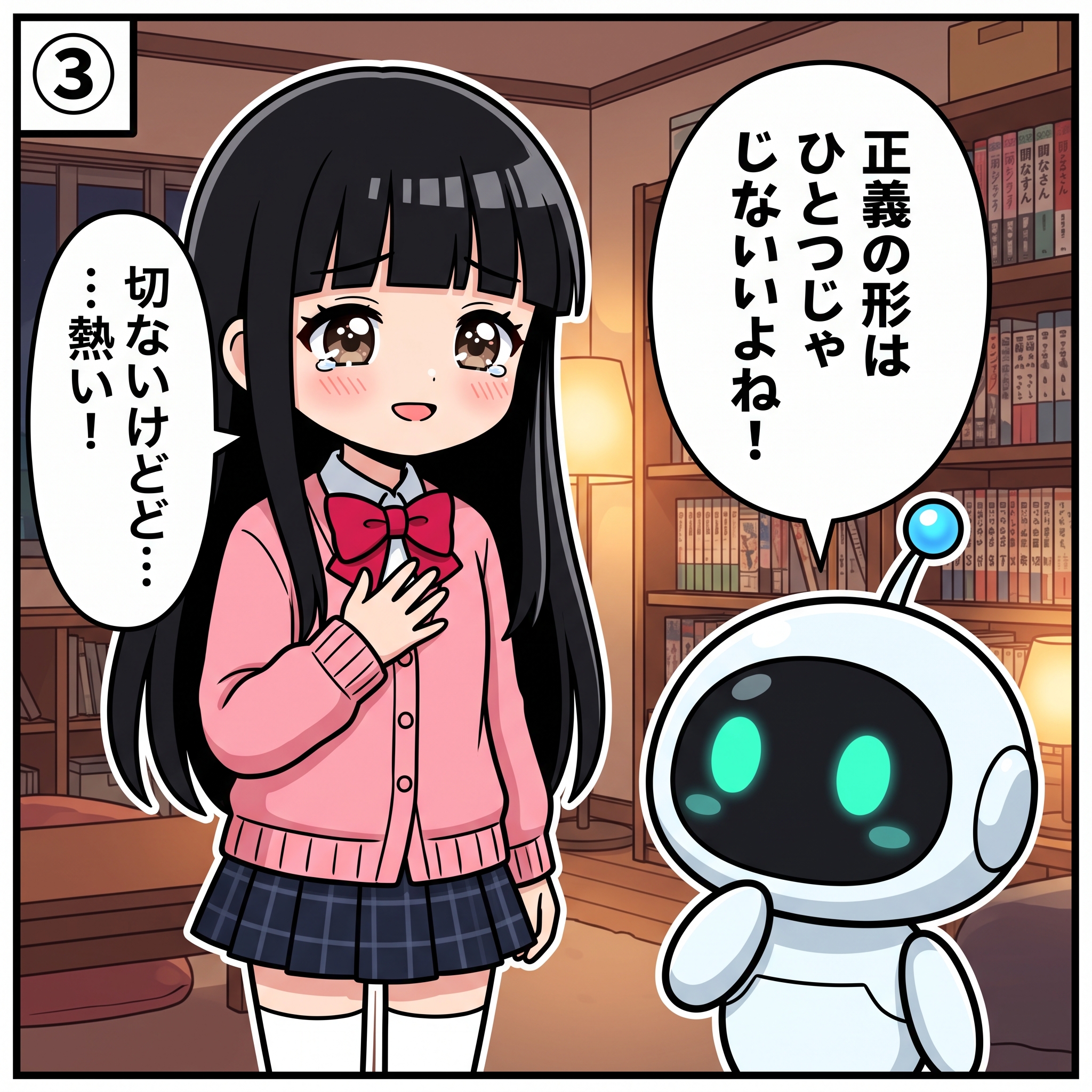 4コマ漫画パネル③ ヒナ「切ないけど…熱い!」AIくん「正義の形はひとつじゃないよね!」