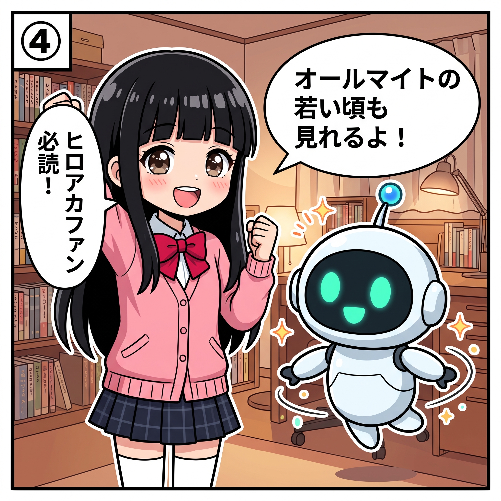 4コマ漫画パネル④ ヒナ「ヒロアカファン必読!」AIくん「オールマイトの若い頃も見れるよ!」