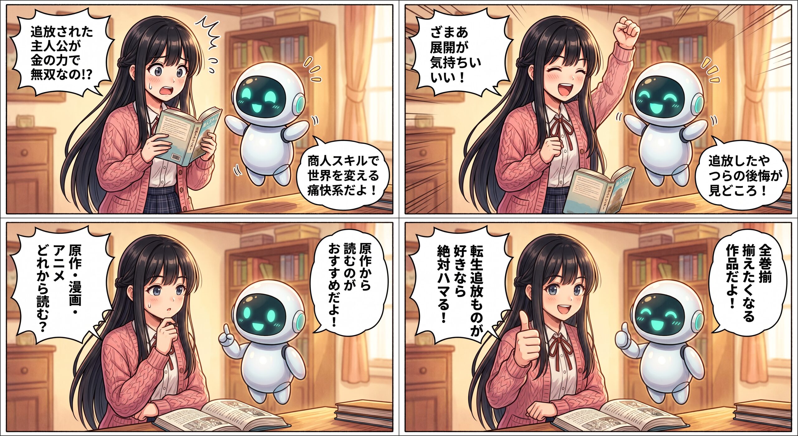 ヒナとAIくんが追放された商人の魅力を紹介する4コマ漫画