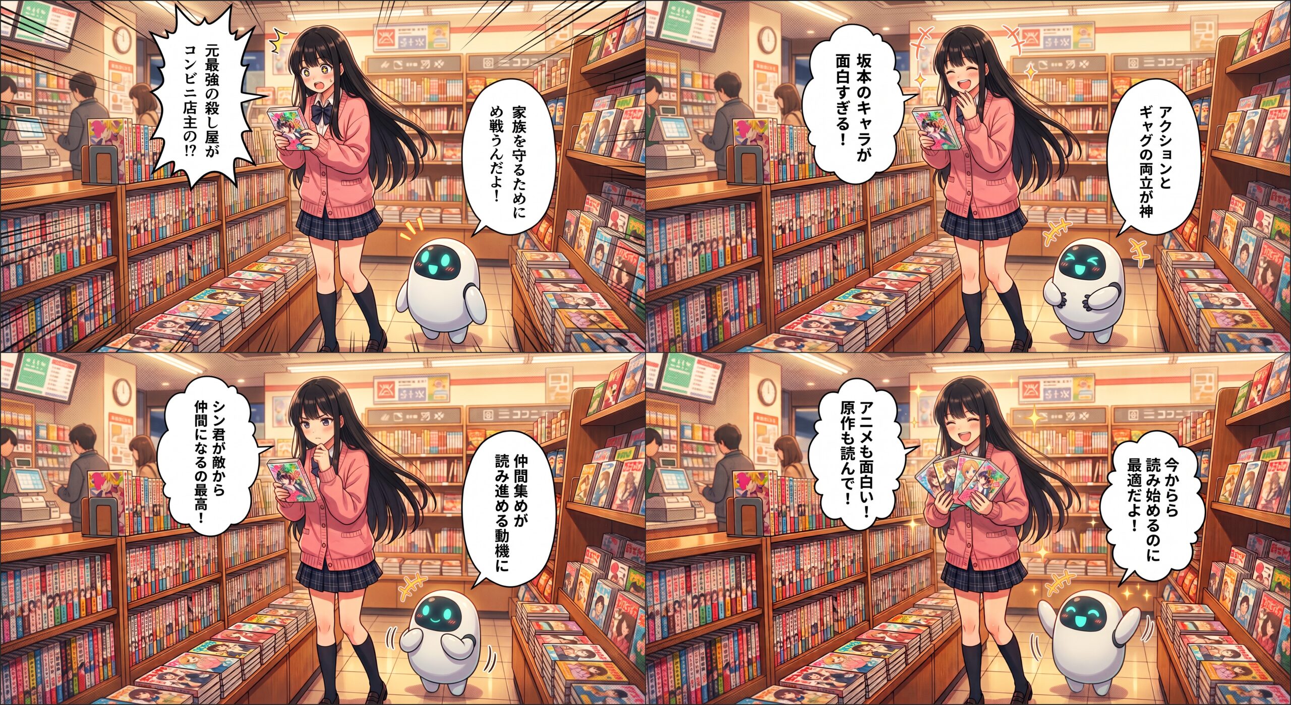 ヒナとAIくんがSAKAMOTO DAYSの魅力を紹介する4コマ漫画