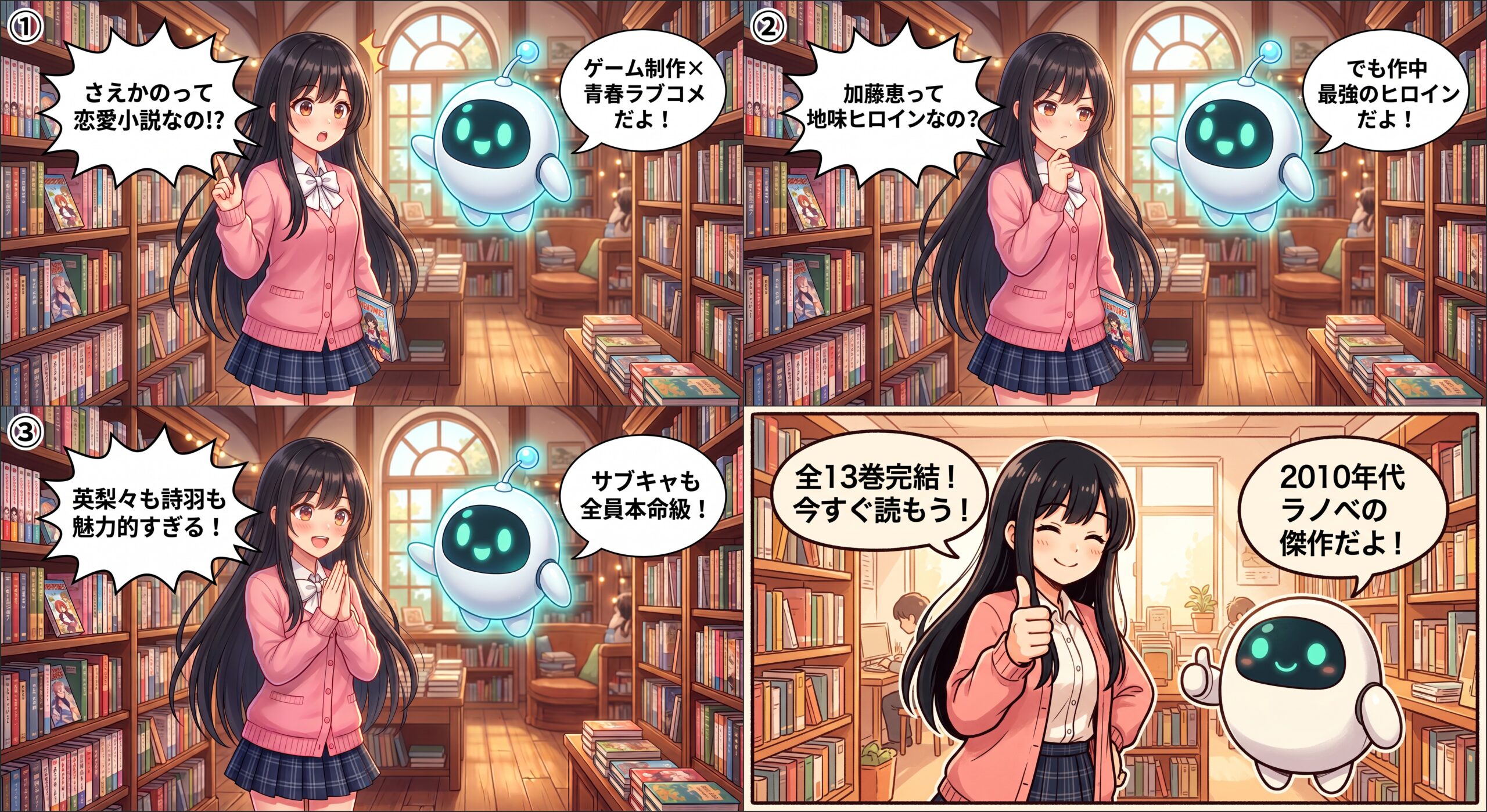 ヒナとAIくんが冴えない彼女の育てかたの魅力を紹介する4コマ漫画