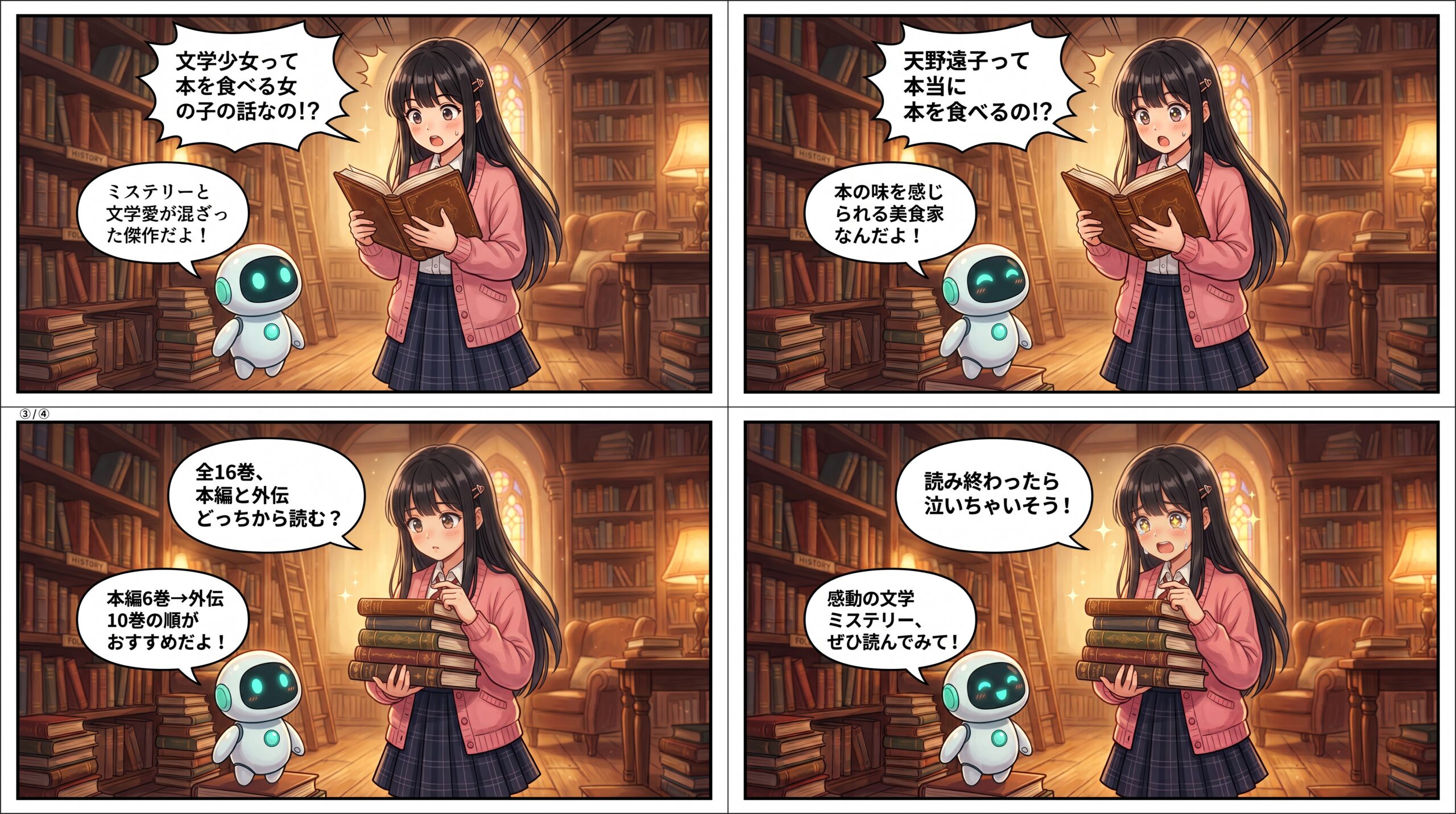 ヒナとAIくんが文学少女の魅力を紹介する4コマ漫画