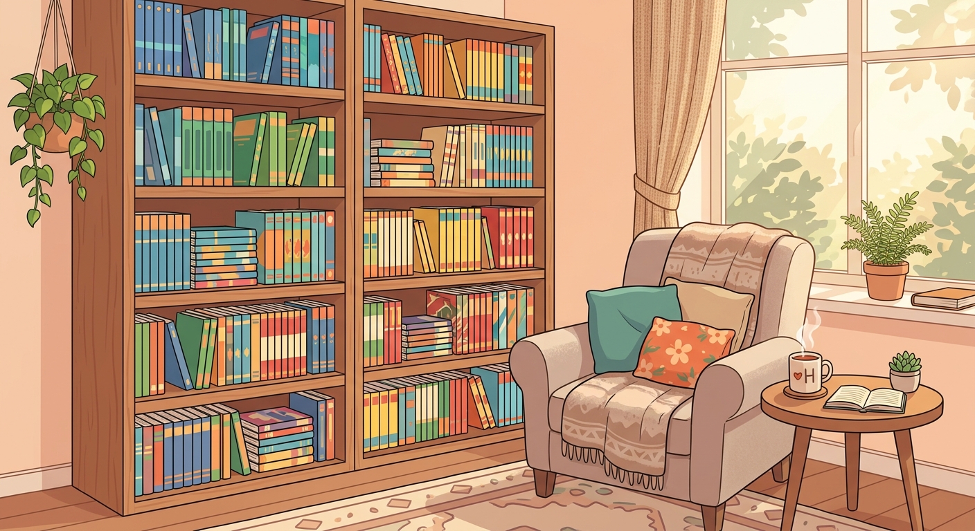 原作コミックスが並ぶ、あたたかい雰囲気の読書スペースをイメージしたイラスト