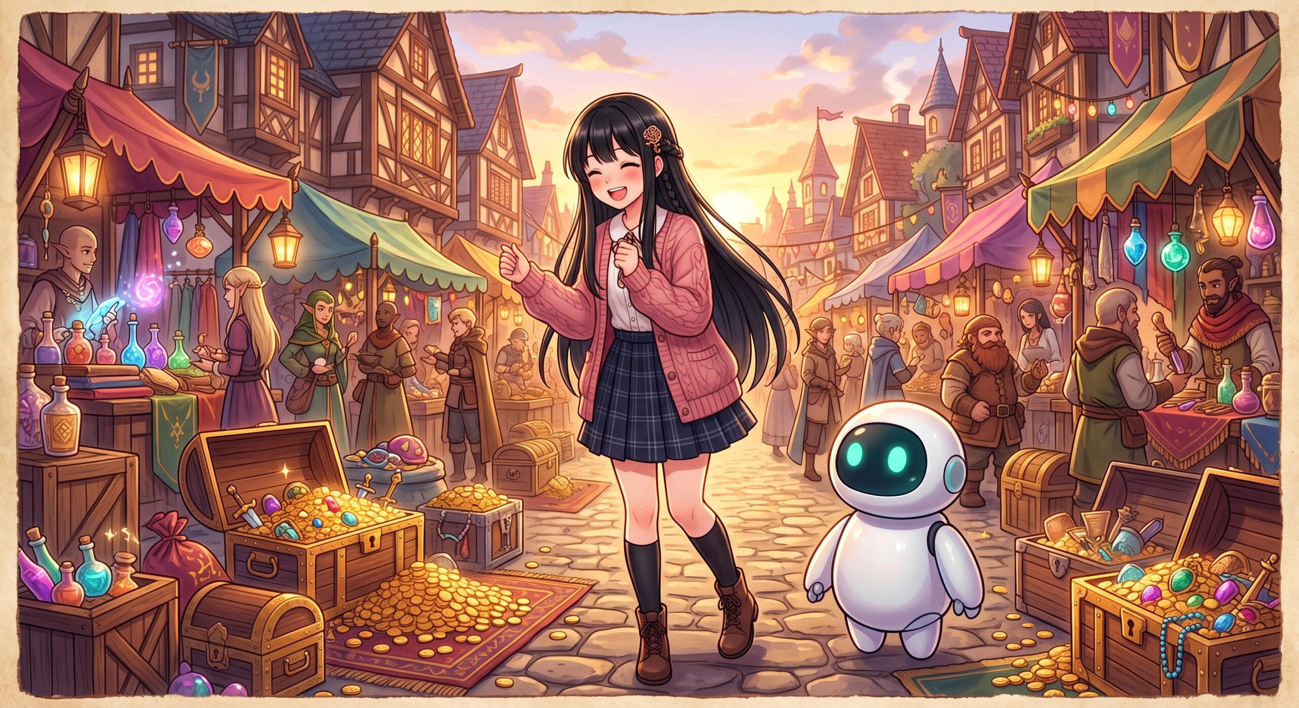 ヒナとAIくんが追放された商人は金の力で世界を救うを紹介するイラスト