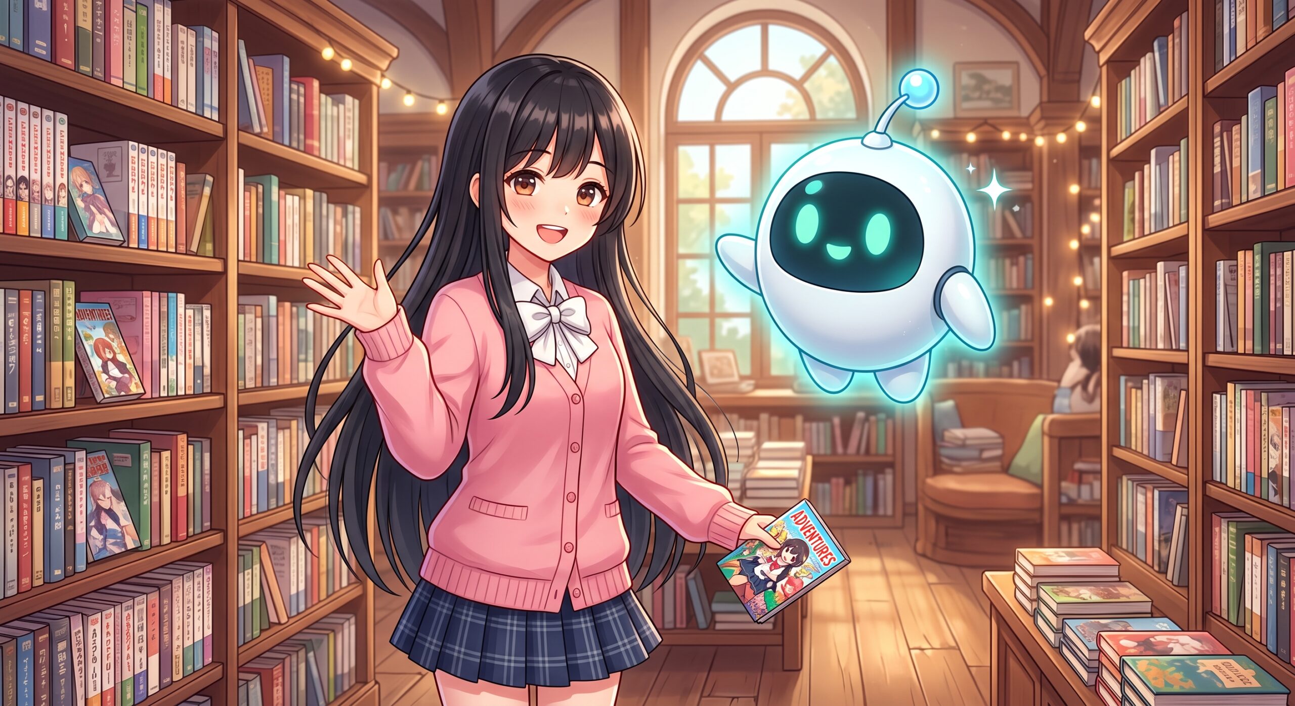 ヒナとAIくんが本棚の前で冴えない彼女の育てかたを紹介するイラスト