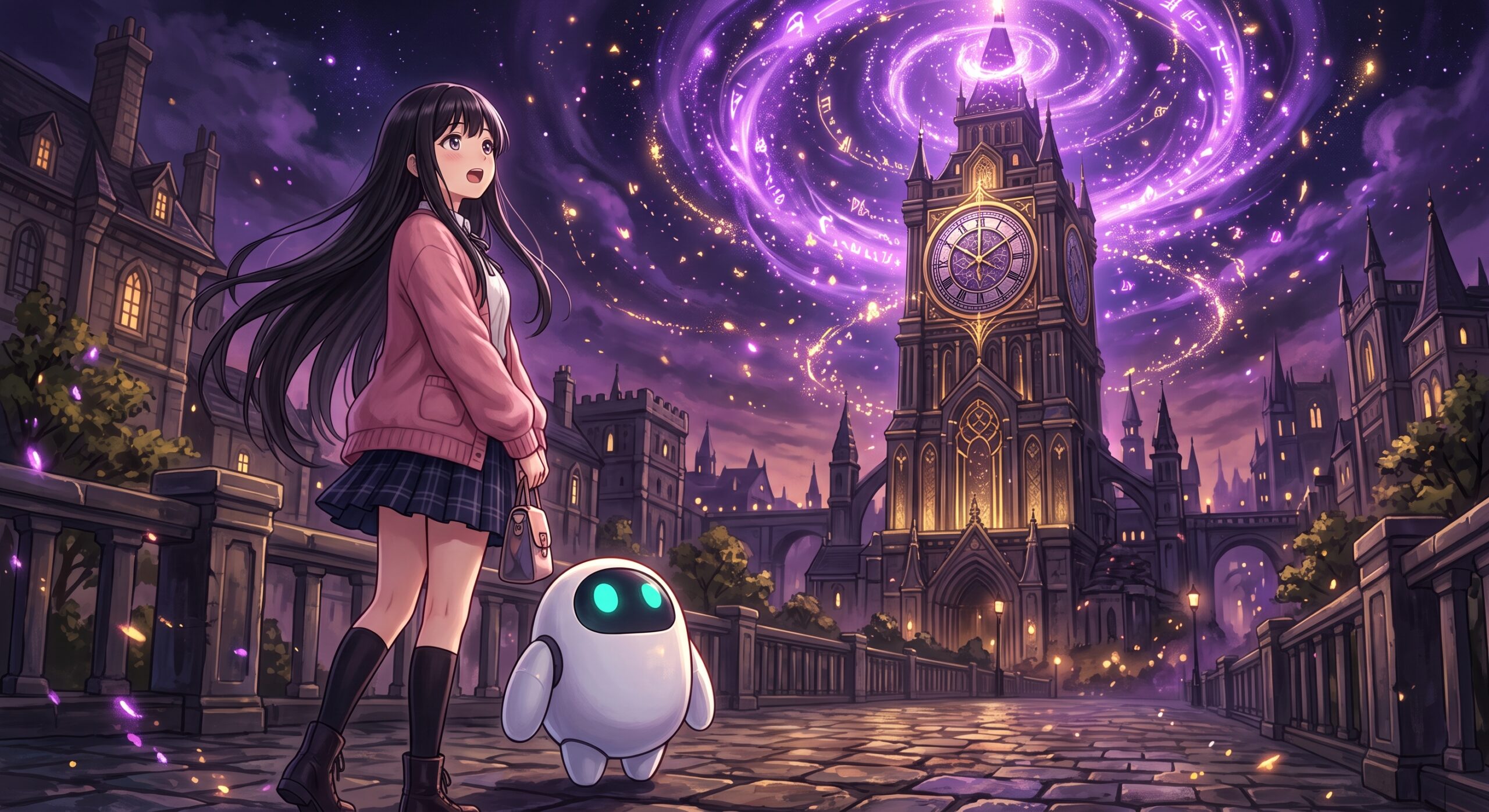 ヒナとAIくんがワルプルギスの廻天の世界を前にするイラスト