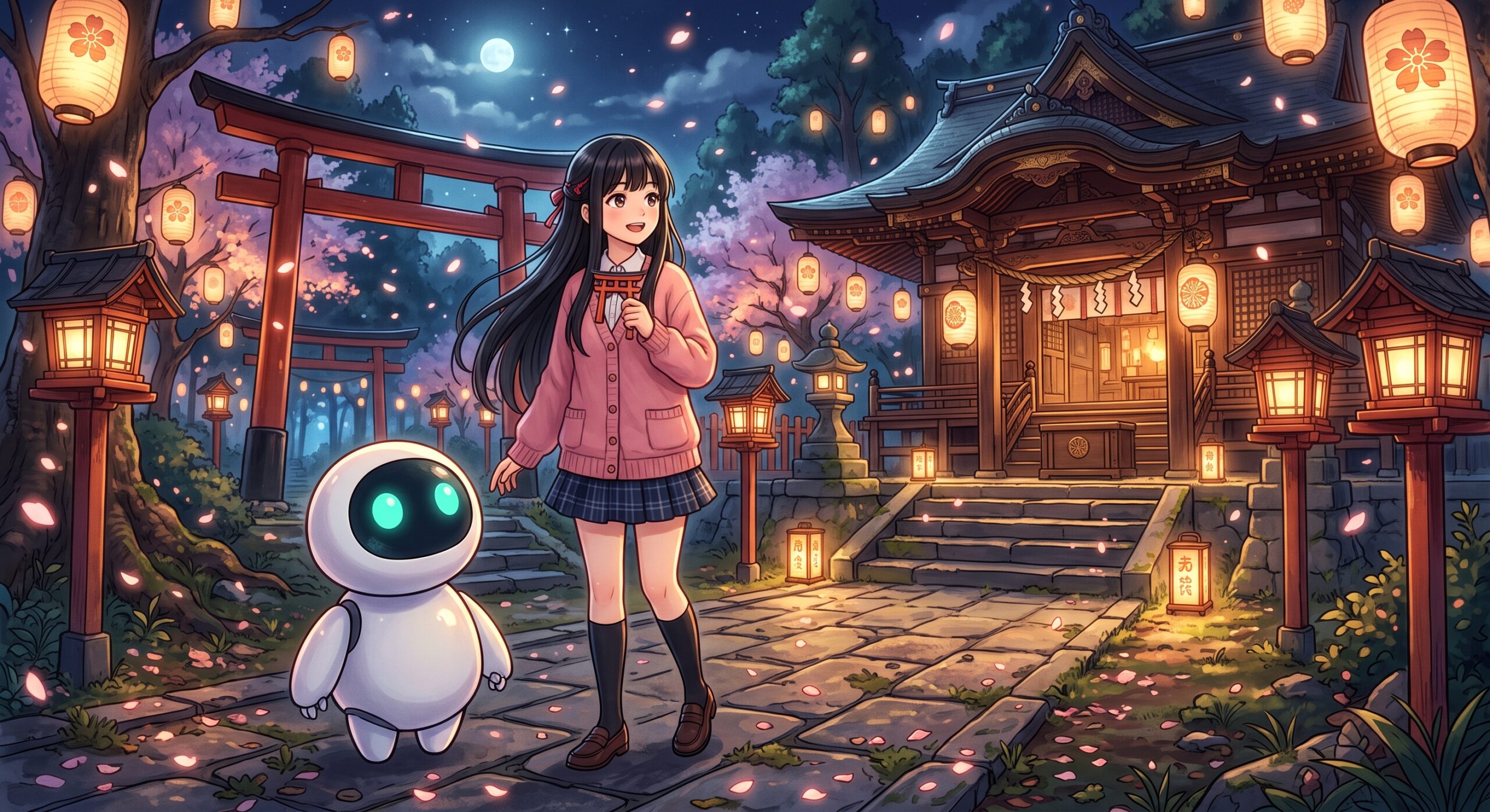 ヒナとAIくんが神社で鬼の花嫁を紹介するイラスト