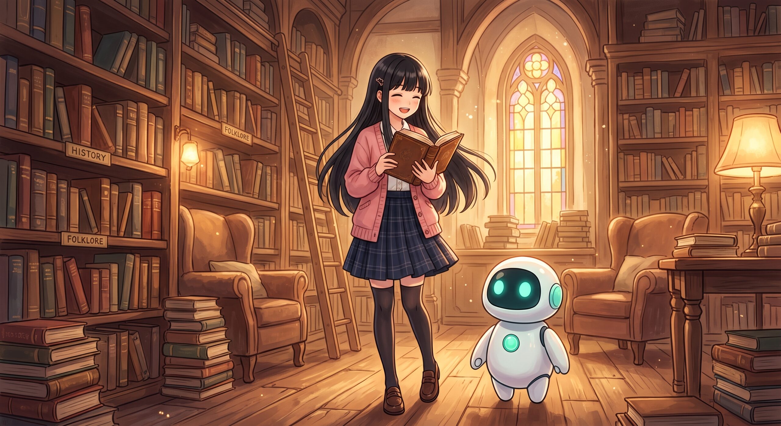 ヒナとAIくんが図書館で文学少女を紹介するイラスト