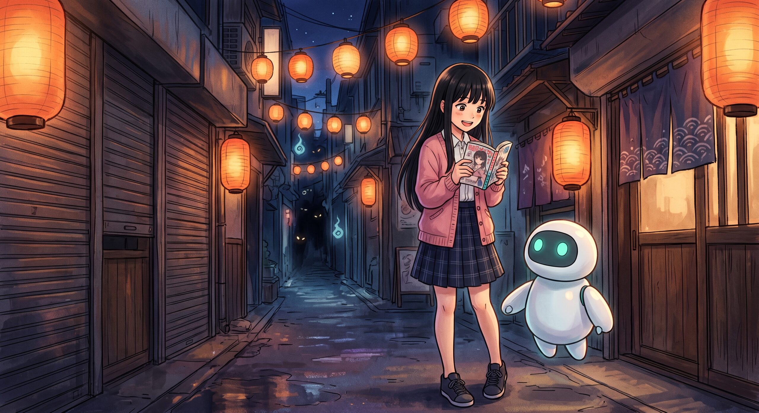 ヒナとAIくんが怪物事変を紹介するイラスト