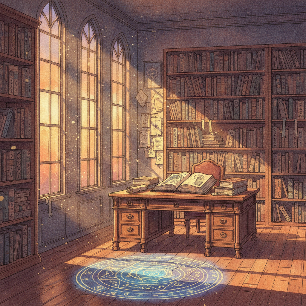 魔法使いの夜 1990年代の魔法書に満ちた書斎イメージ