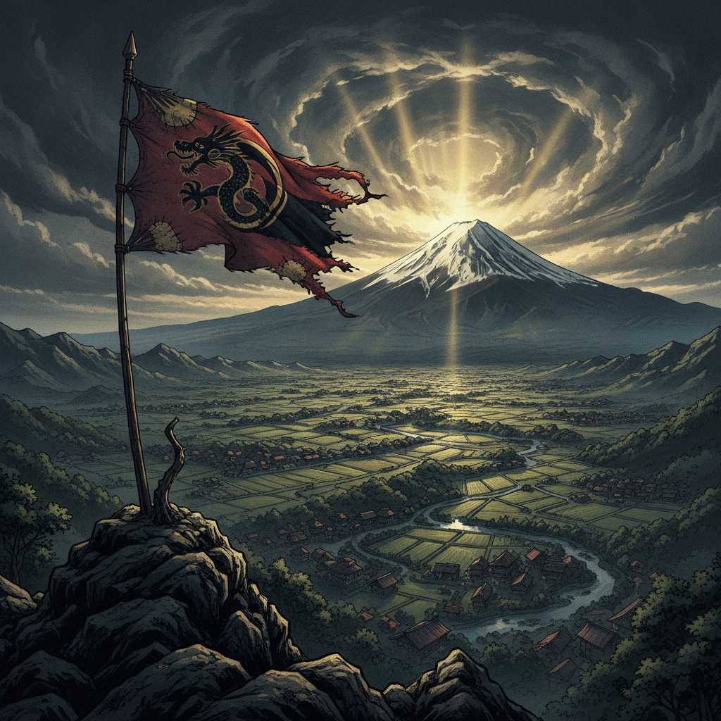 富士山を背景にした旗が立つ丘・嵐の空に金色の光が差す武将時代の風景イラスト