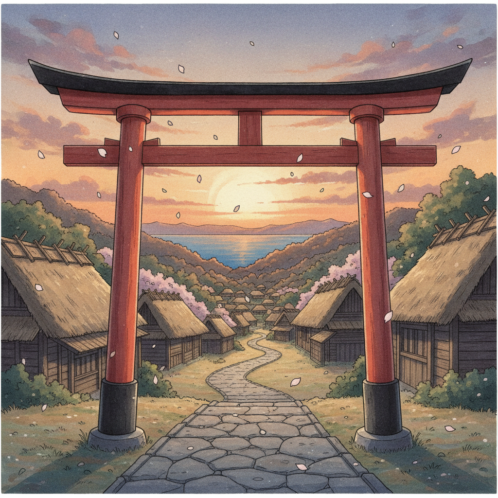 鎌倉時代の城下町・夕暮れの鳥居と桜が舞う石畳の道イラスト 逃げ上手の若君