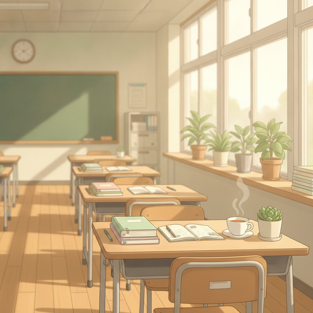 女の園の星 5巻 発売記念アイキャッチ（穏やかな職員室のイメージイラスト）