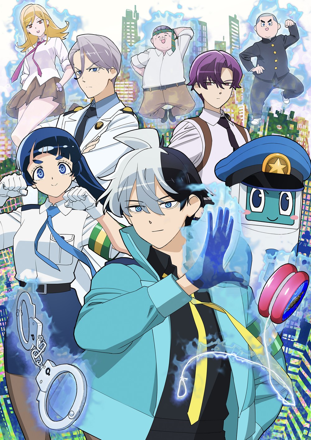 メインビジュアル(2026年6月18日公開)。手前が超条巡と一本木直、奥にローボくんや犬養由基たち(出典:アニメ公式サイト) 超巡!超条先輩