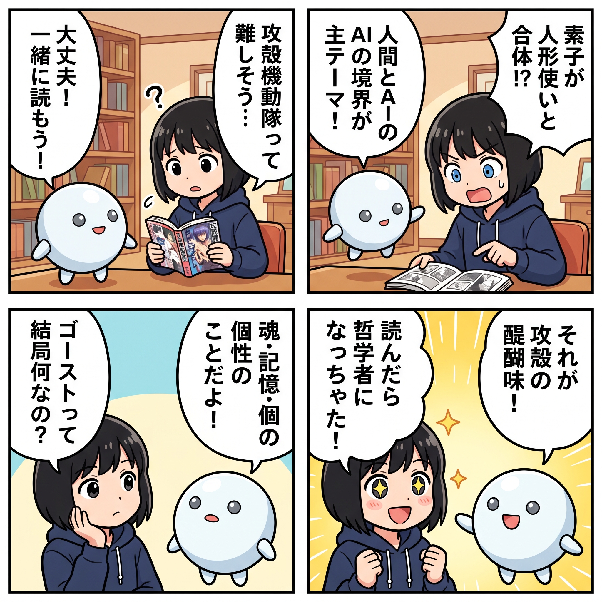 攻殻機動隊の魅力を語るハルカとAIくんの4コマ漫画