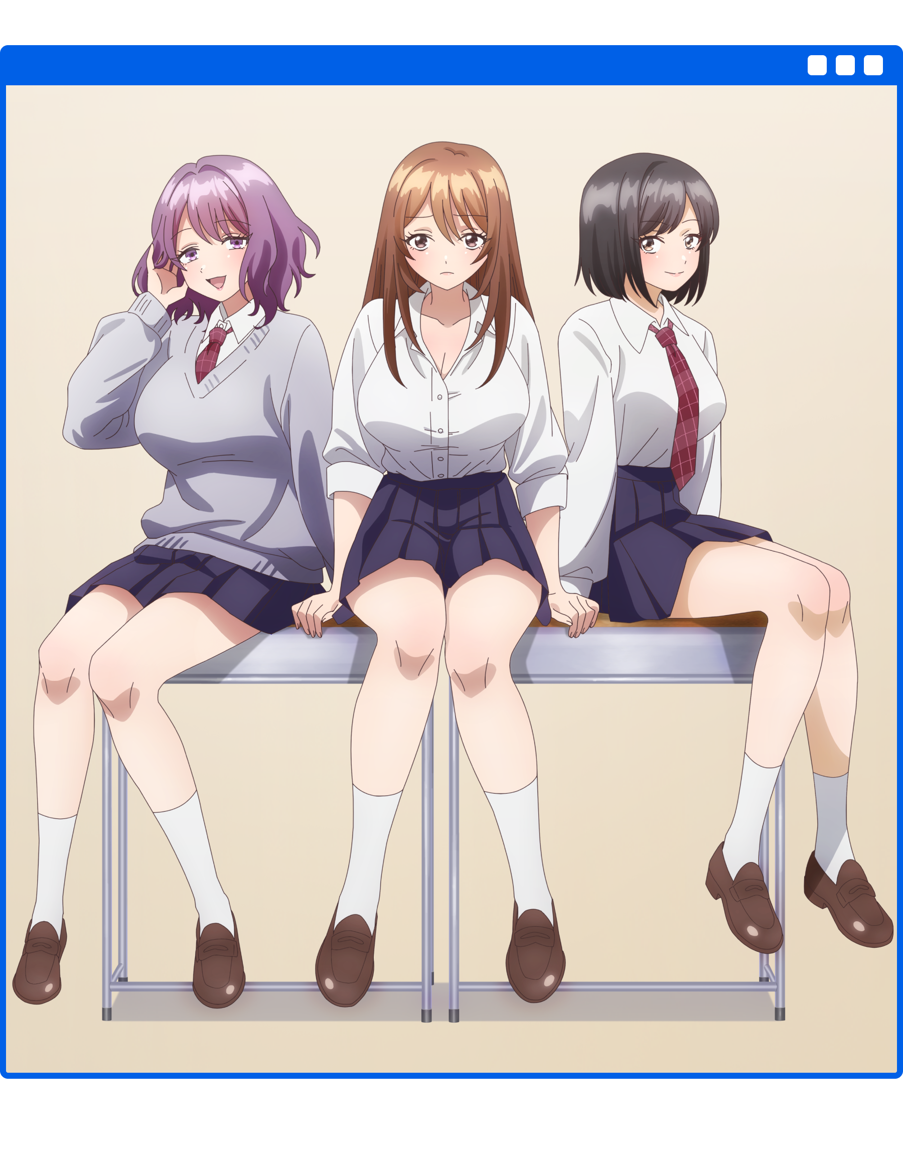 キービジュアル。ブラウザのウィンドウを模したフレームの中に3人が収まっている(出典:アニメ公式サイト) マウスカーソルで現実を操作できるようになったので、女の子をいっぱいクリックしまーす