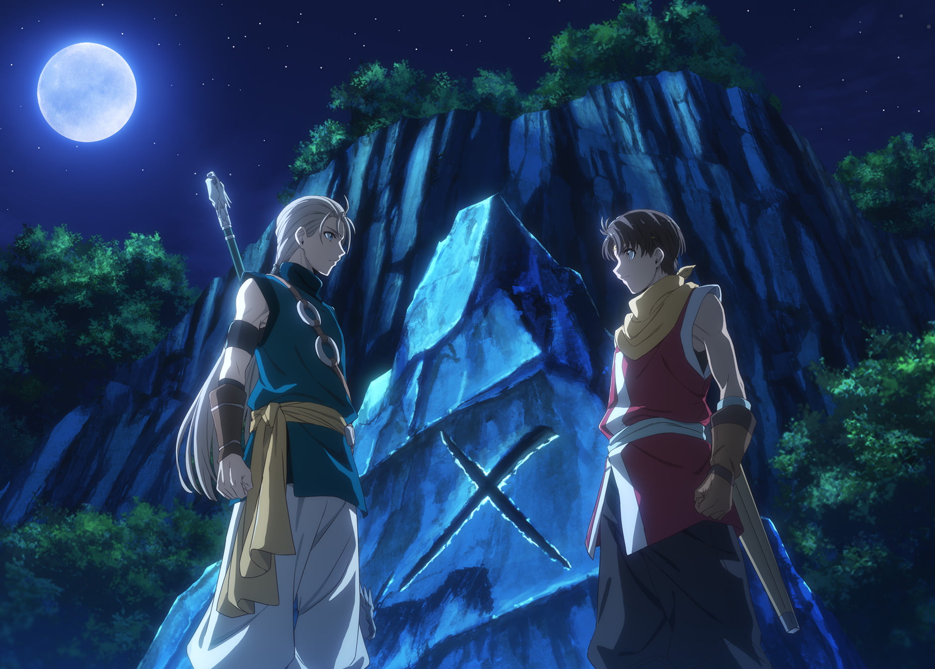 アニメ『幻想水滸伝』ビジュアル。月夜に紋章の石と向き合う2人（出典：アニメ「幻想水滸伝」公式サイト）