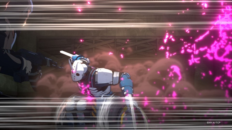 場面カット:両腕のブレードで突進する戦車椅子(出典:アニメ公式サイト NEWS)