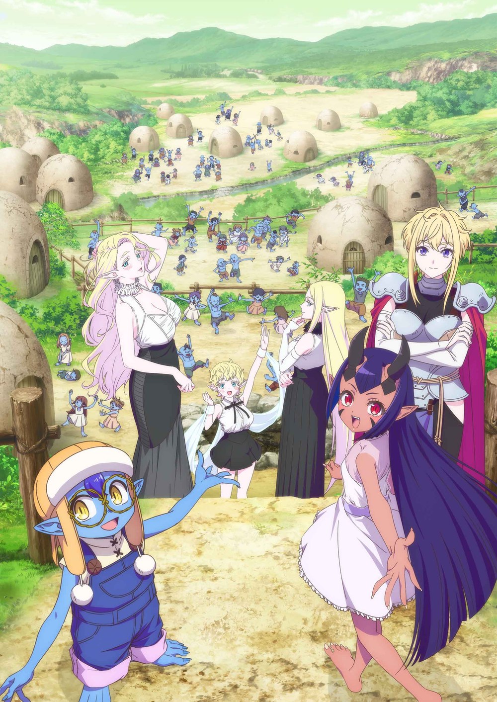 メインビジュアル(2026年9月9日公開)。手前がアキラ、右がクロエ、奥にカレンとエルフ三姉妹、まわりはゴブリンたち(出典:アニメ公式サイト) 転生ゴブリンだけど質問ある?