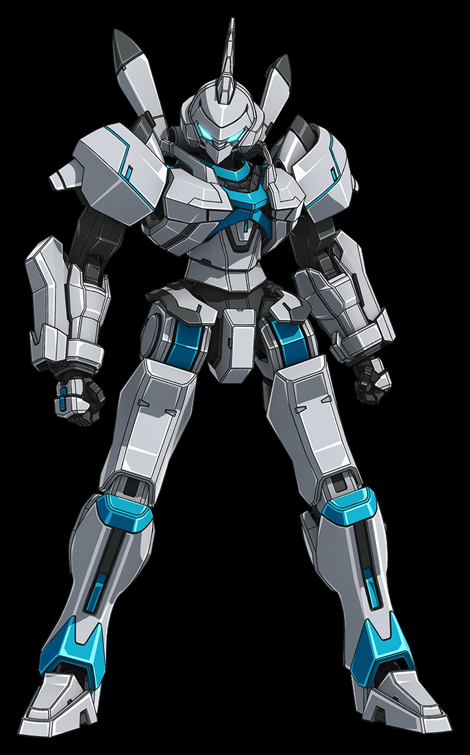 ENIA。5機のうち唯一「Engine」を名前に持たず、武装らしいものがない素体に近い人型(デザイン:JNTHED/出典:アニメ公式サイト MECH)