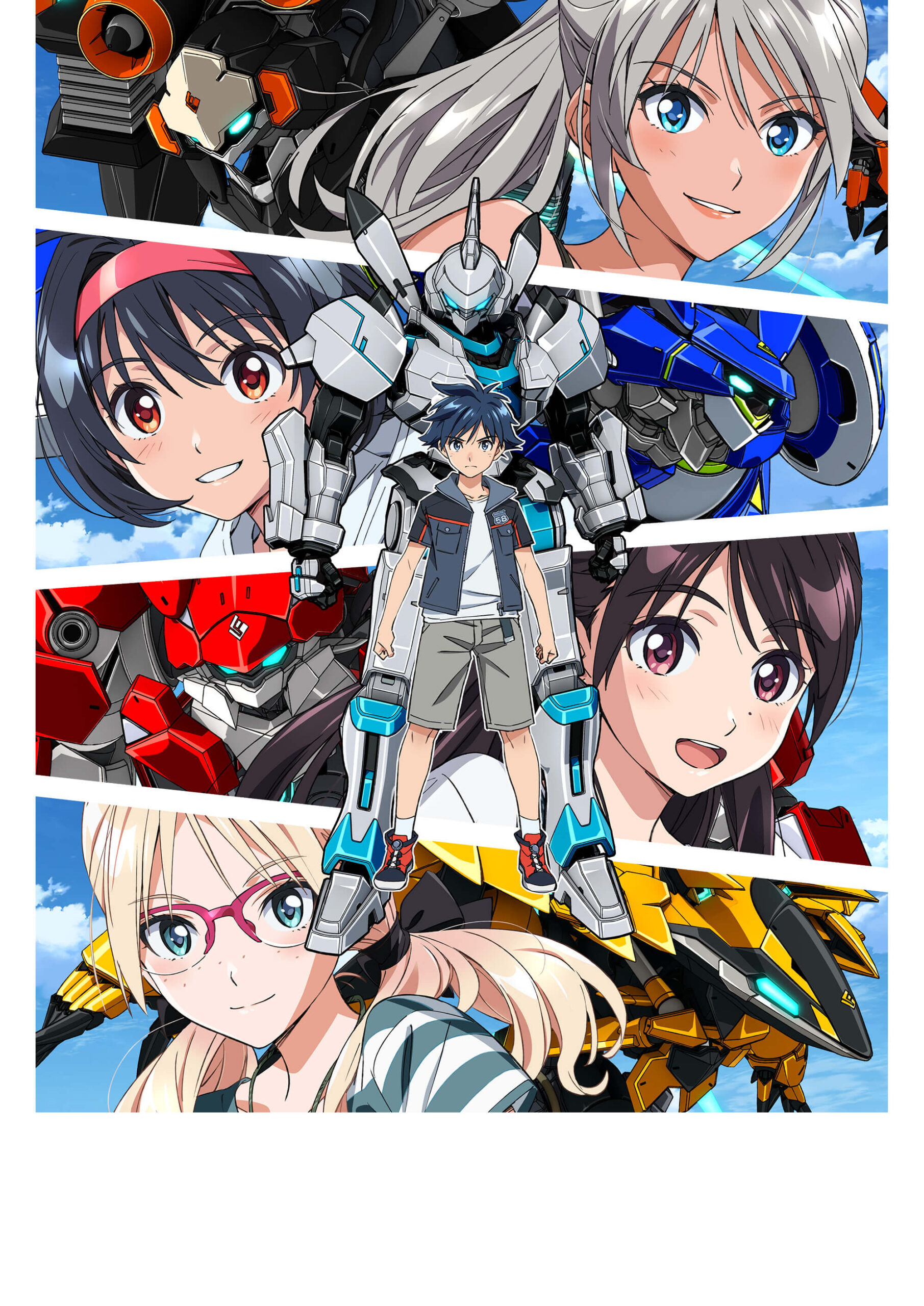 第2弾キービジュアル「この心臓が動く限り、僕らは戦う」。4人のパイロットが自機の色(橙・青・赤・金)の帯に配置され、明だけが中央でENIAの前に立っている(出典:アニメ公式サイト)