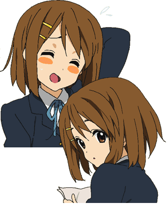 笑顔と振り向く姿、二つの表情を並べた平沢唯の公式キャラクター画像 けいおん