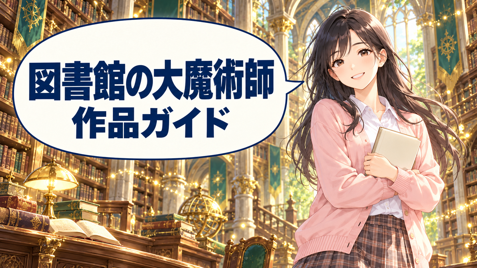 magus-of-the-libraryの作品ガイドを案内するハルカ(AI生成イメージ)