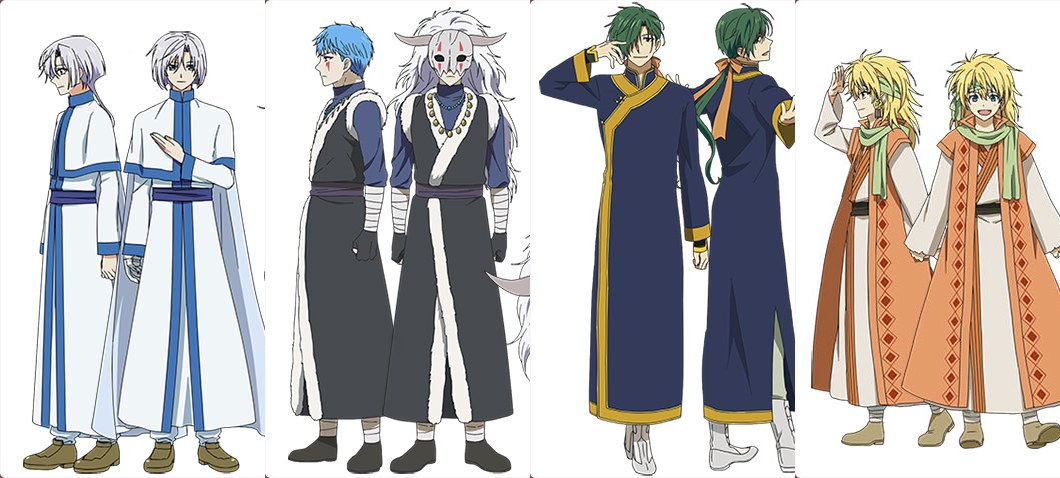 暁のヨナ 四龍の戦士。左からキジャ、シンア、ジェハ、ゼノ(TVアニメ公式サイトのキャラクター設定画より)